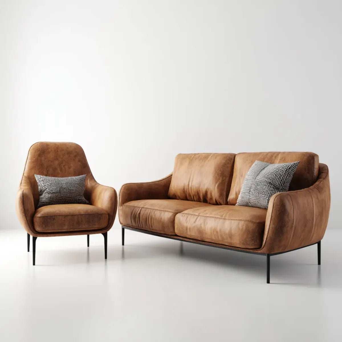Set divano 2 posti e poltrona cognac in similpelle PU con gambe in acciaio 158 x 85 x 84 cm