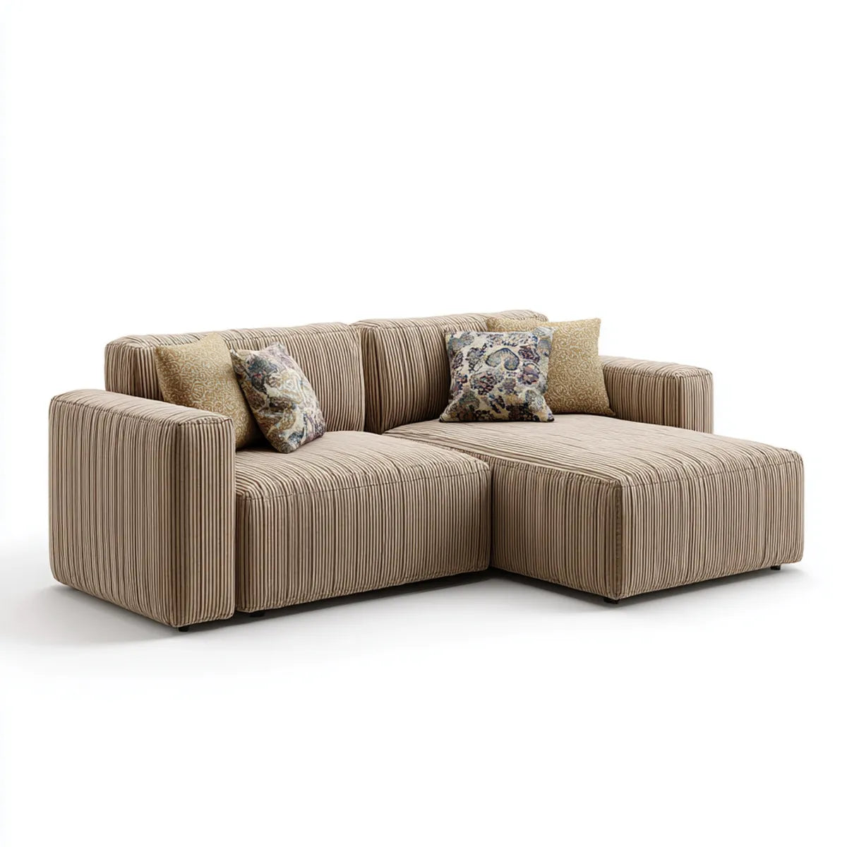 Divano angolare a L beige 260 x 165 x 85 cm in velluto a coste di poliestere con penisola destra
