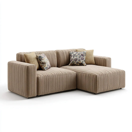 Divano angolare a L beige 260 x 165 x 85 cm in velluto a coste di poliestere con penisola destra