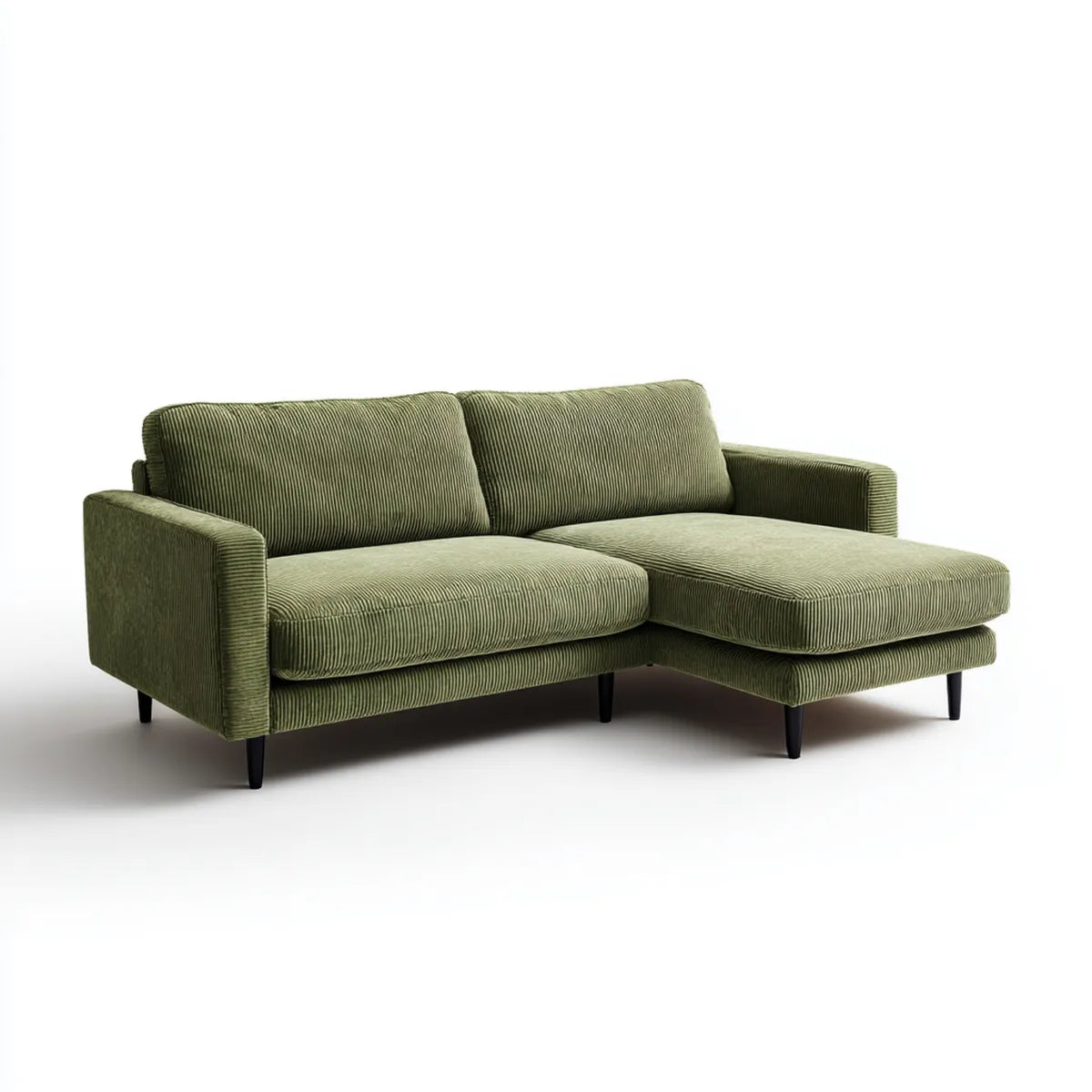 Divano angolare con chaise longue destra verde oliva in velluto a coste di poliestere 220 x 150 x 82 cm
