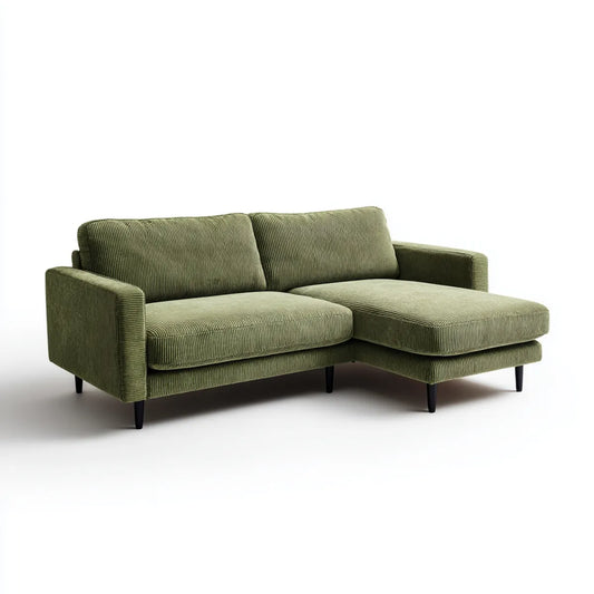 Divano angolare con chaise longue destra verde oliva in velluto a coste di poliestere 220 x 150 x 82 cm