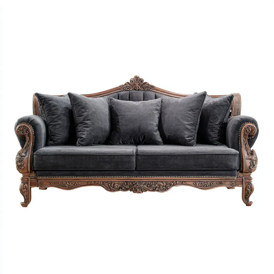 Divano 3 posti classico nero 220 x 95 x 110 cm in velluto di poliestere e legno massello sagomato