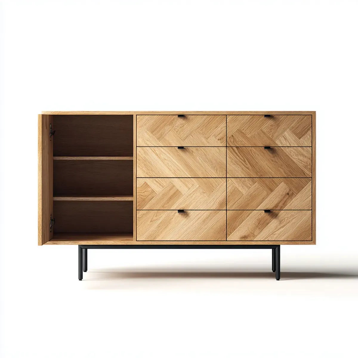 Credenza con 8 cassetti e anta rovere naturale 160 x 40 x 100 cm MDF impiallacciato rovere rettangolare